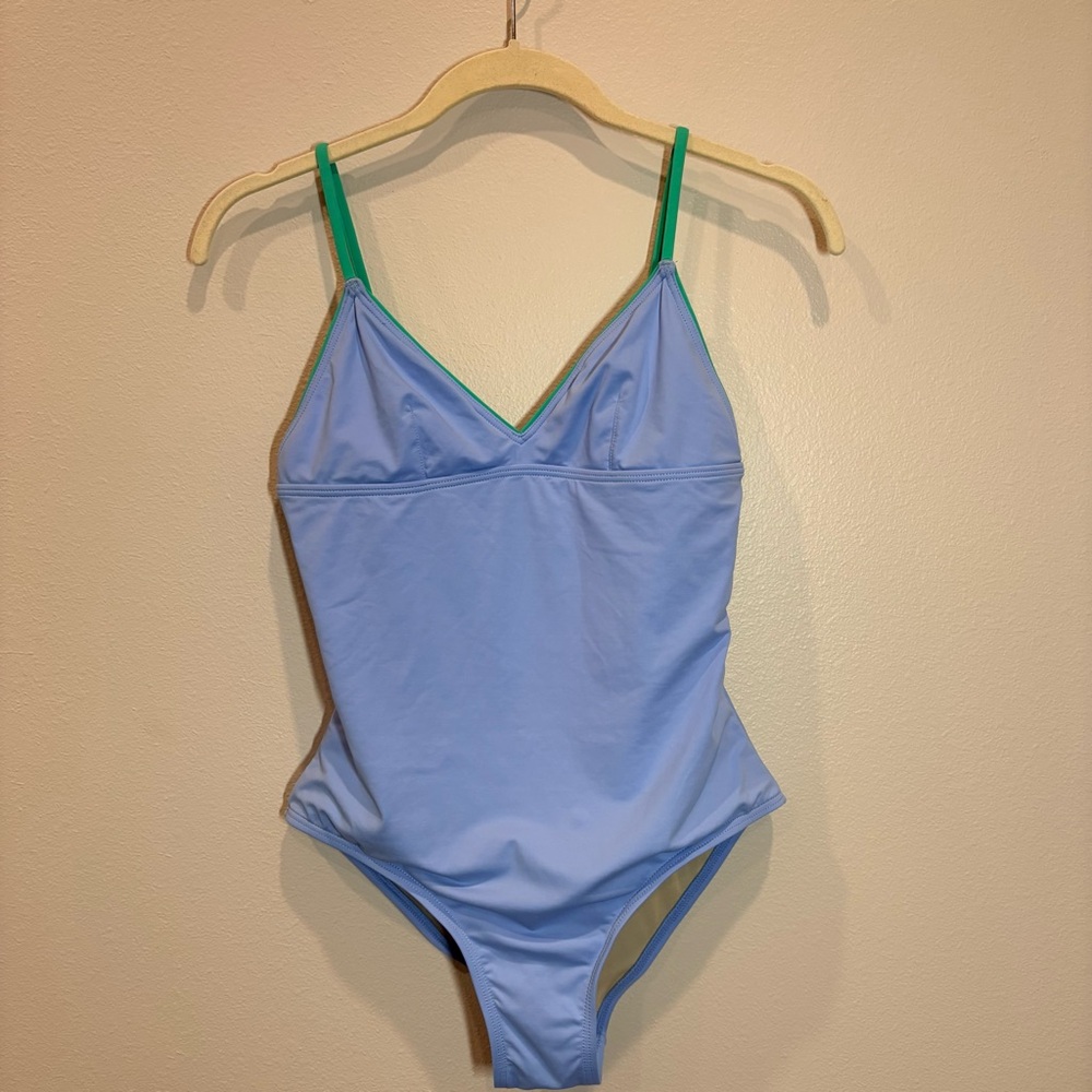 J. Crew Light Blue One-Piece with Green Trim Swimsuit Size 8